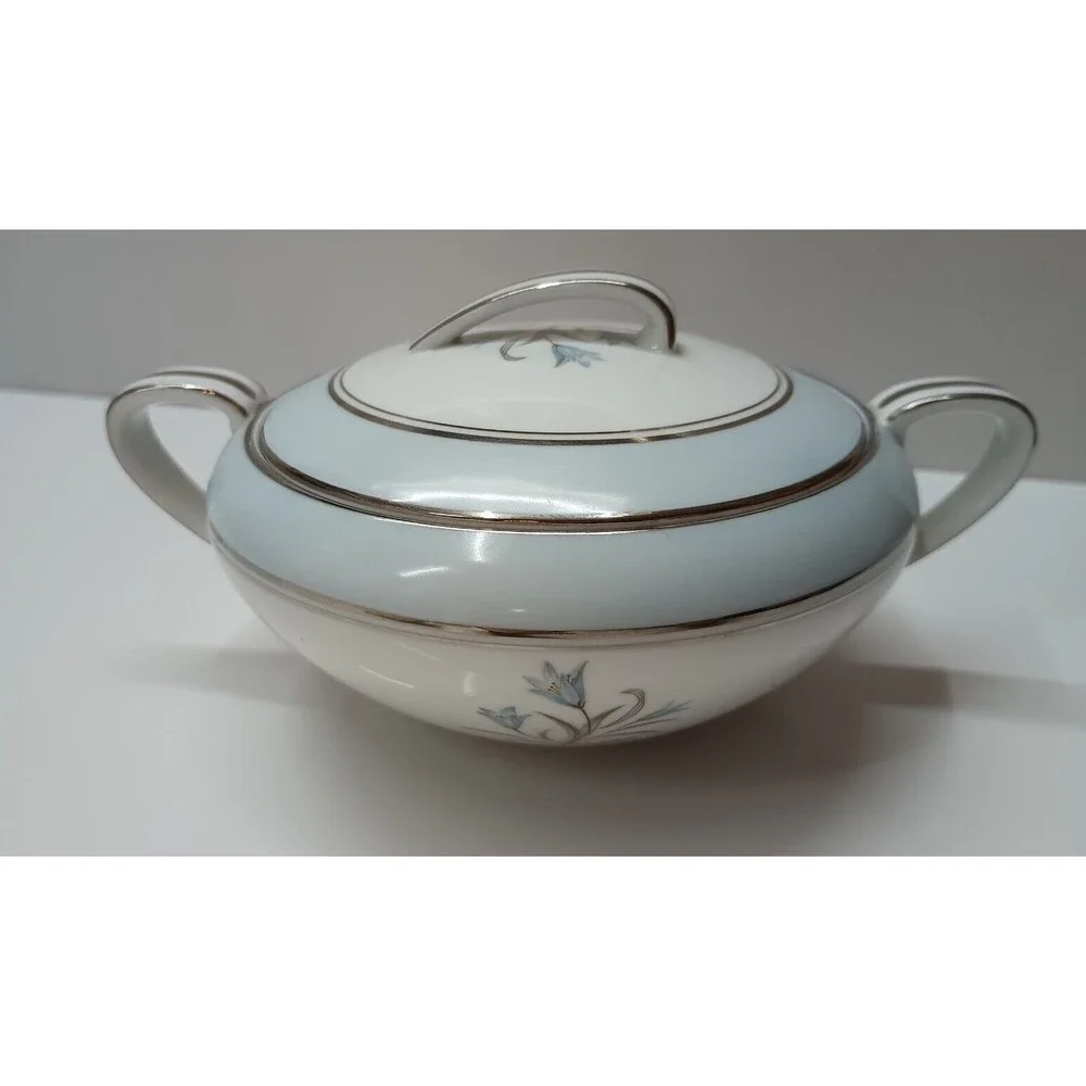 Noritake Bluebell Creamer Sugar Bowl w/ Lid 5558 Floral Platinum Silver Rim MCM